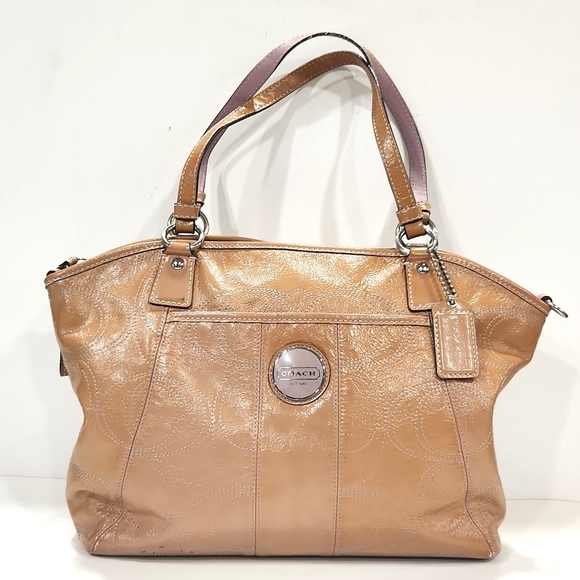 Coach Signature Stitch Patent Leather Tan with Lavender Large Tote Bag - Picture 2 of 16